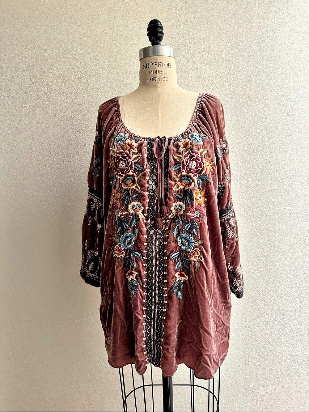 Johnny Was Eleni Velvet Embroidered Tunic Floral Embroidered Blouse in Brown &